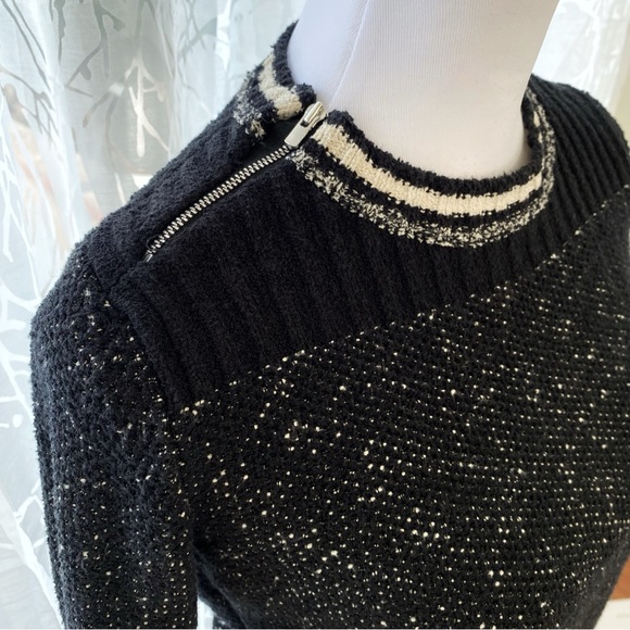 MAJE FIERE black knit white stripe trim crewneck zipper shoulder detail sweater - Picture 2 of 12